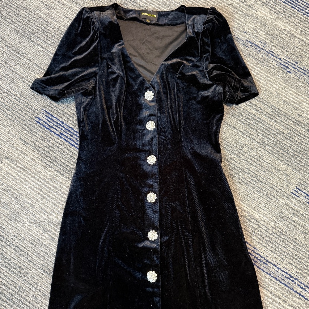 Sugarlips Black Velvet Mini Dress with Rhinestone Buttons